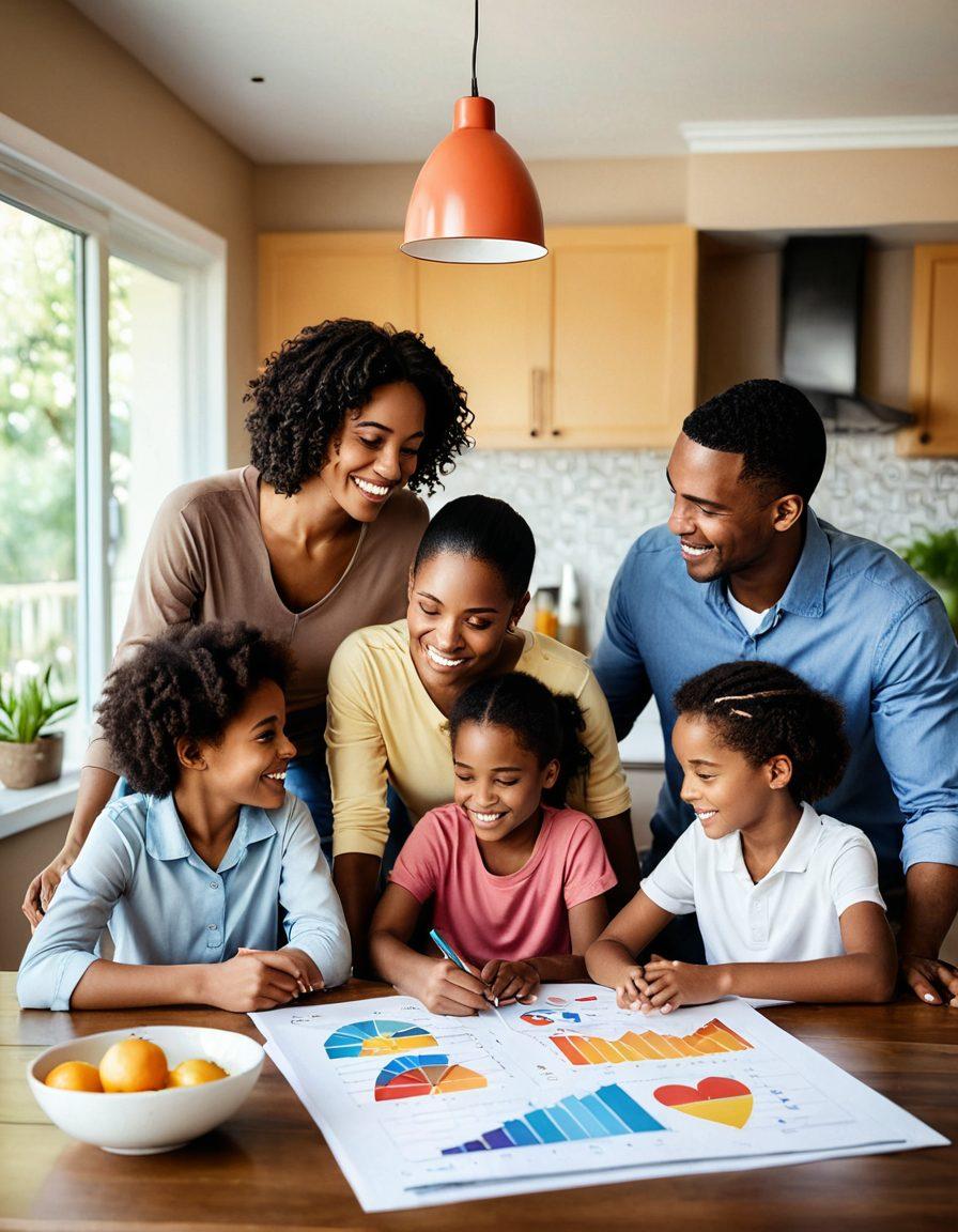 A warm and inviting scene showcasing a diverse couple and their children happily discussing their future plans, surrounded by diagrams and charts representing comprehensive insurance strategies. Soft, nurturing colors and a background of a cozy home environment highlight the theme of love and security. Emphasize expressions of joy and hope, with a subtle depiction of safety, like a house or heart symbol. super-realistic. vibrant colors. cozy atmosphere.
