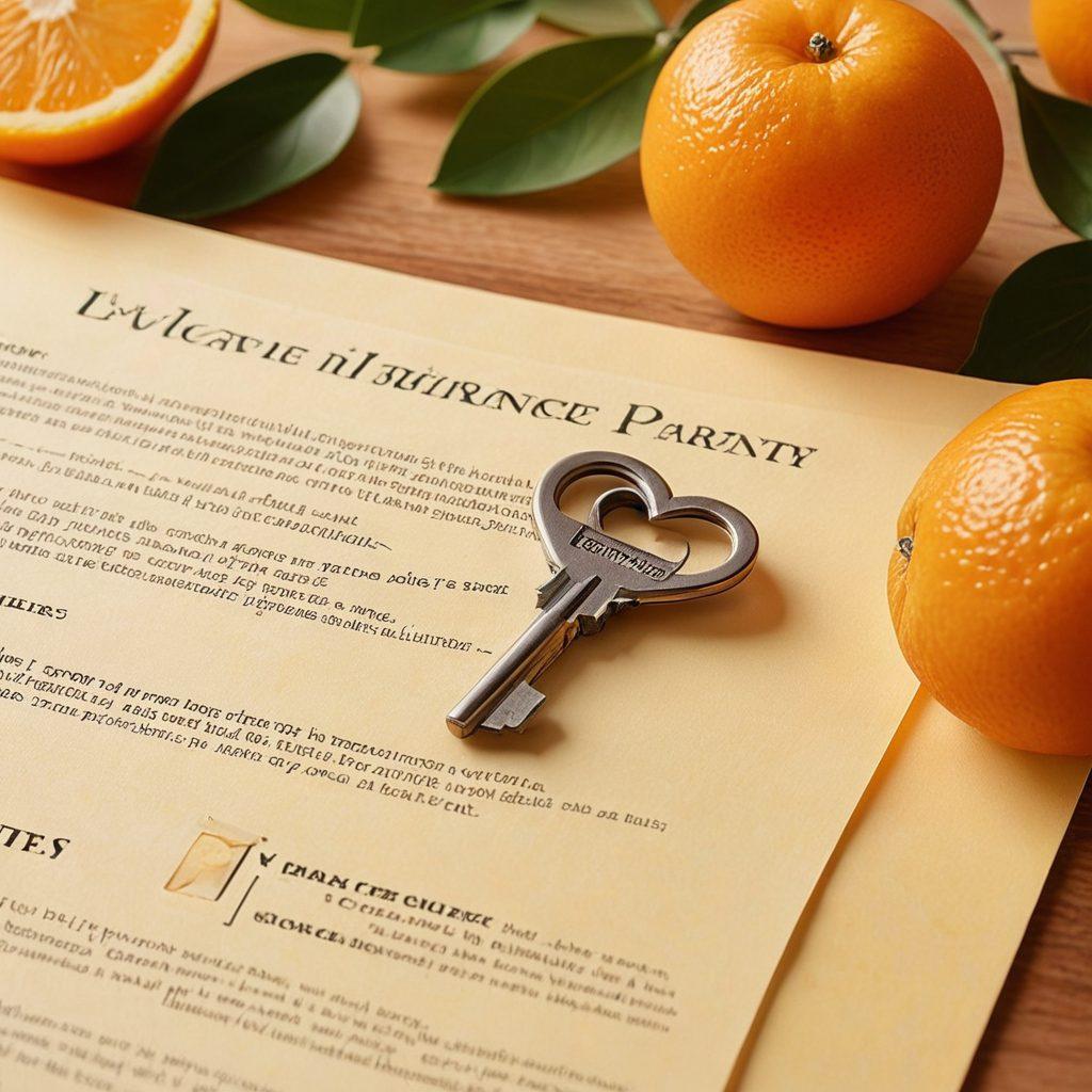 A heart-shaped key unlocking a glowing insurance policy document, symbolizing connections and relationships, surrounded by diverse couples joyfully engaging in life together. The background features soft, warm colors that evoke feelings of trust and security. Emphasize the affordability aspect with subtle price tags and happy expressions. Illustrate an inviting, serene atmosphere. super-realistic. warm colors. soft focus.