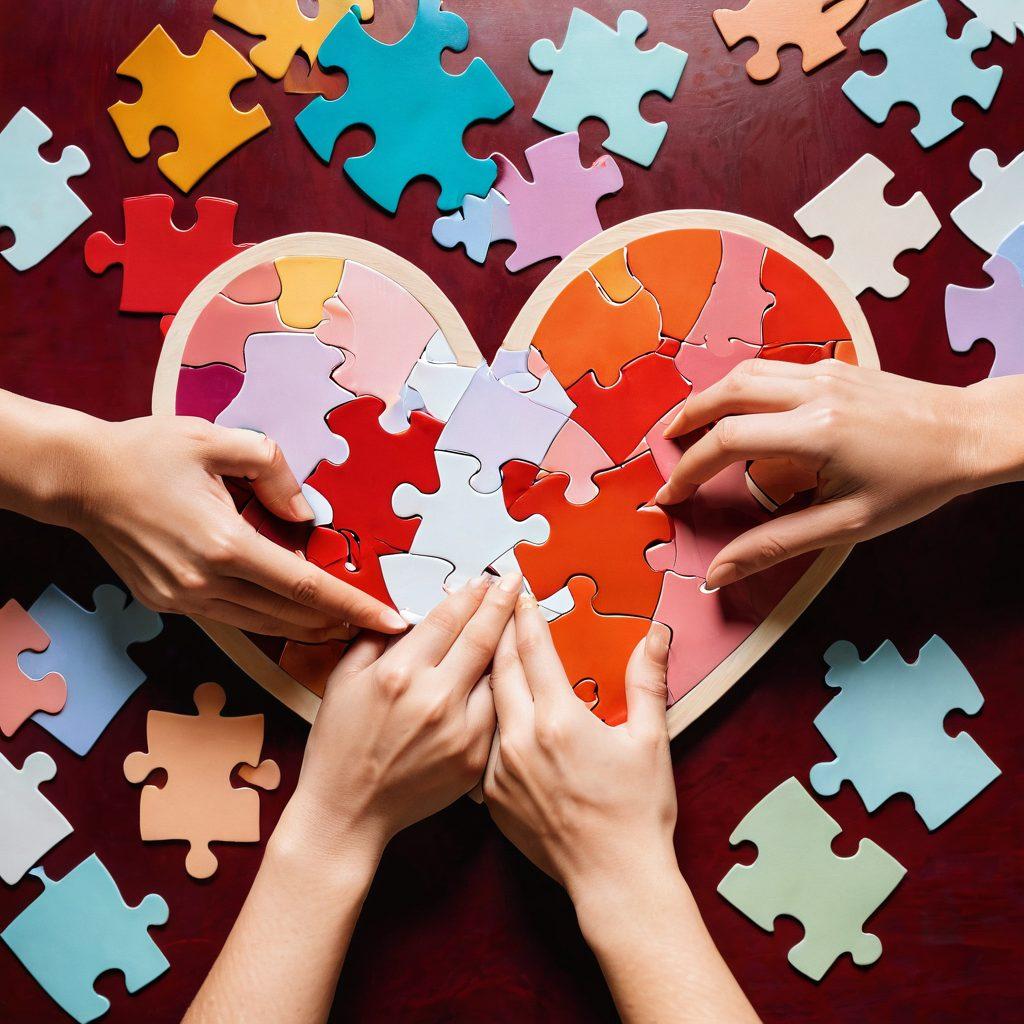 A heart-shaped puzzle being completed by two interlocking hands, symbolizing both love and partnership, surrounded by subtle imagery of insurance icons like policy documents and safety shields. A warm, inviting color palette to evoke a sense of comfort and security. Soft bokeh effect in the background. super-realistic. vibrant colors.